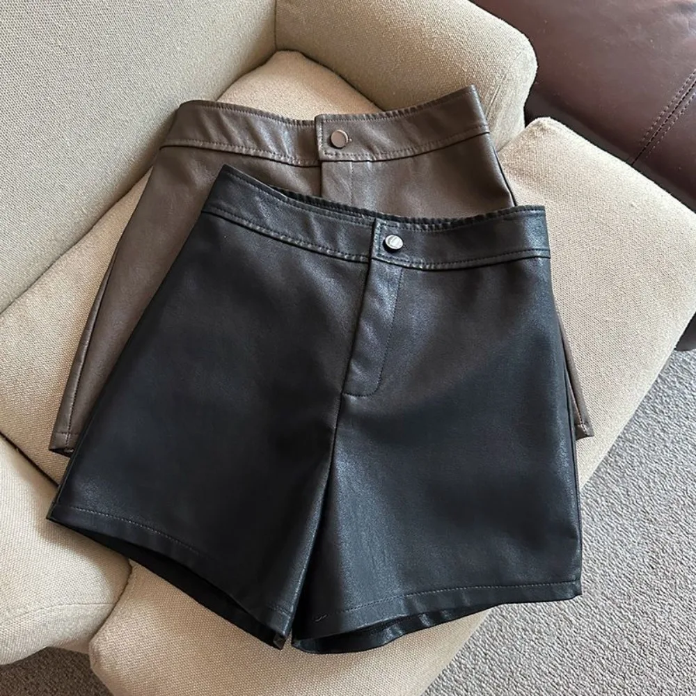 Invisible Open Crotch Outdoor Sex PU Leather Shorts Oversized Black Wide Leg Pants Ms High Waisted Casual Bottom Boots Pants