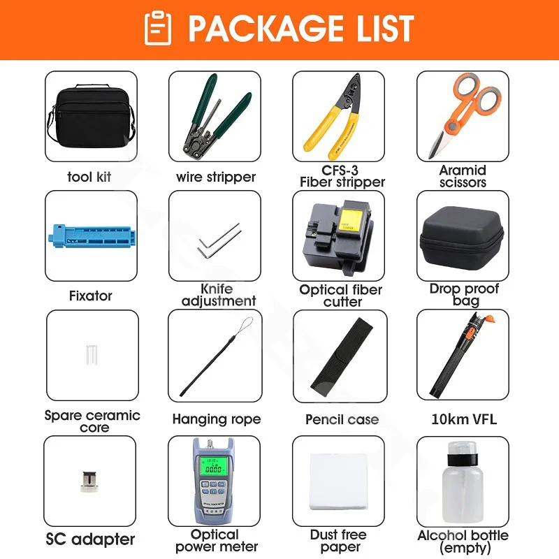 16Pcs/lot Fiber Optic FTTH Tool Kit with HB-08 Fiber Cleaver Optical Power Meter 10mw Visual Fault Locator Wire Stripper