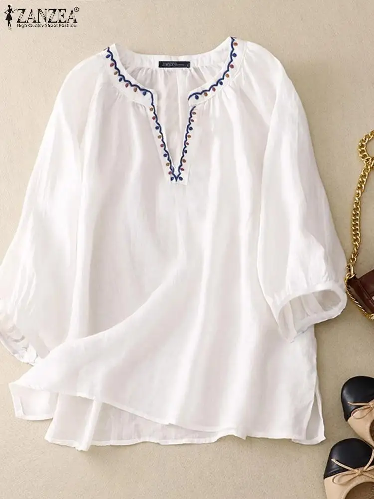 

ZANZEA Fashion Women Blouse Casual Loose V-neck Tops 2023 Autumn 3/4 Puff Sleeve Shirts Vintage Cuff Embroidery Slit Tunic Femme