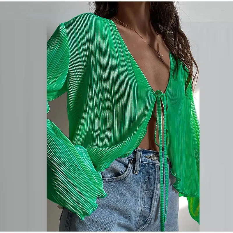 

Пикантные белые женские рубашки на шнуровке, летние и осенние блузки с длинным рукавом, женский модный плиссированный топ, женская одежда 2022