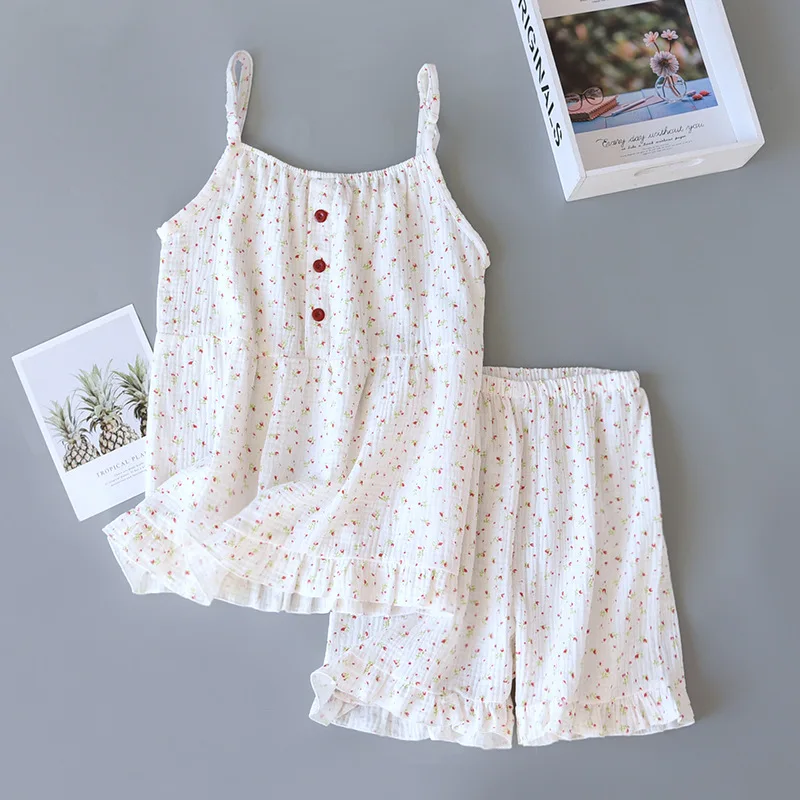 

Japanese Summer New Ladies Cotton Gauze Sleeveless Shorts Pajamas Suit Cute Heart-Shaped Thin Section Home Service Suit Woman