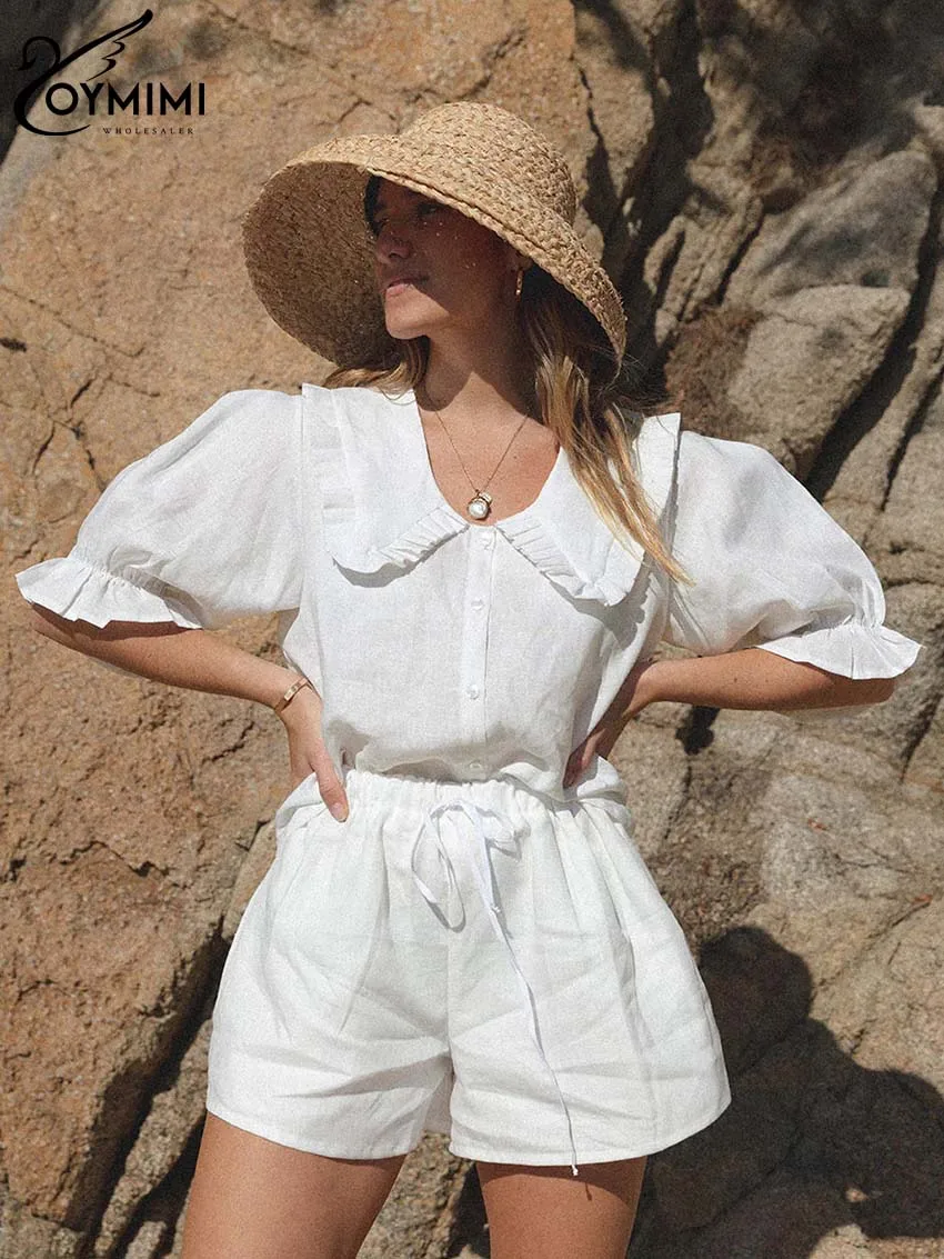 Oymimi Casual White Cotton Hemp Sets For Women 2 Pieces Fashion Peter Pan Collar Short Sleeve Shirts And Drawstring Shorts Sets
