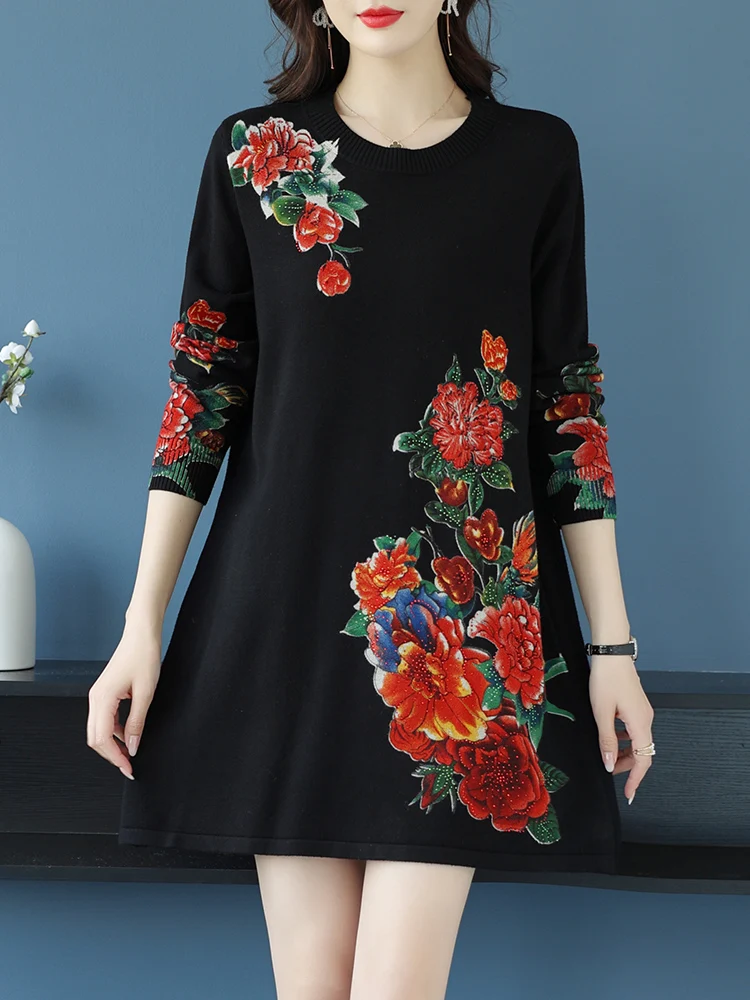 

Floral Print Long Sweaters Dress 2022 Spring Women Clothing Long Sleeve Femme Pullover Elasticity Loose Pulls Sweater Women