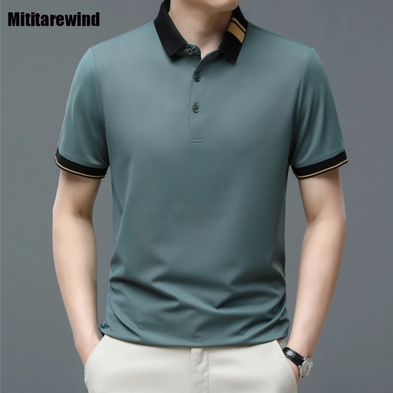 

Summer Clothes for Men Solid Color Ice Silk Short Sleeves T Shirts Middle Age Mens Polo Shirt Light Business Casual Tops