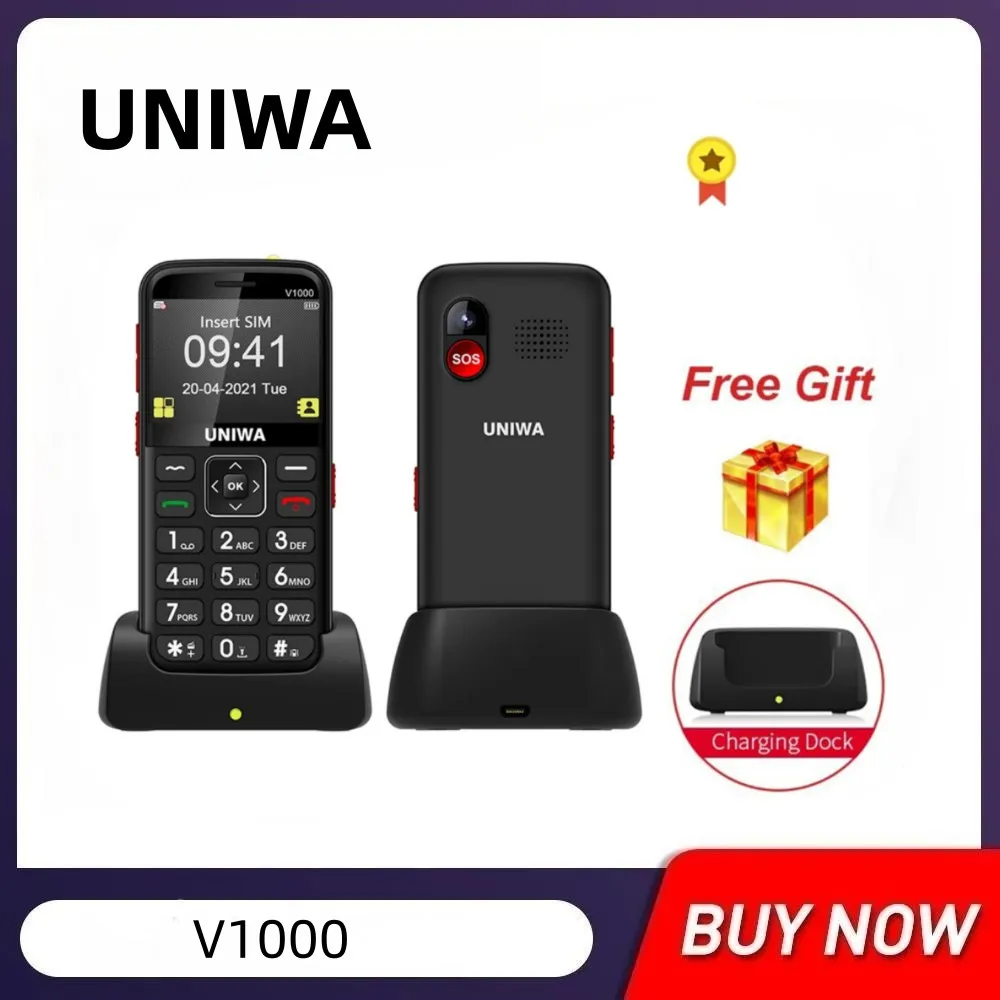 UNIWA V1000 강력한 토치 푸시 버튼, 큰 SOS, 영어 러시아어 키보드, 장시간 대기, 4G 휴대폰