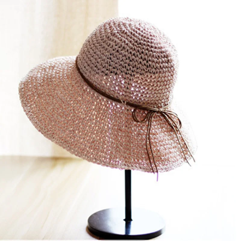 Fashion Crochet Womens Seaside Foldable Straw Weave Sun Straw Hat Wide Brim Real Straw Floppy Trilby Bow Summer Beach Sun Hat 5