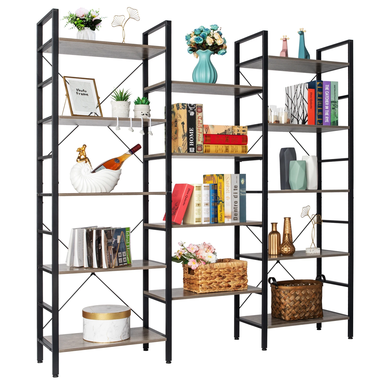

Triple Wide 5-Shelf Bookcase Etagere Large Open Bookshelf Vintage Industrial Style Shelves Wood and Metal bookcases Furniture