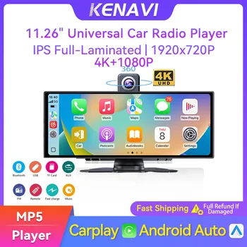 Monitor Wireless Carplay da 11,26 Pollici, DVR per Auto, Android Auto, Dashcam 4K, Navigazione GPS, Audio Bluetooth, Registratore Video per Cruscotto, FM AUX