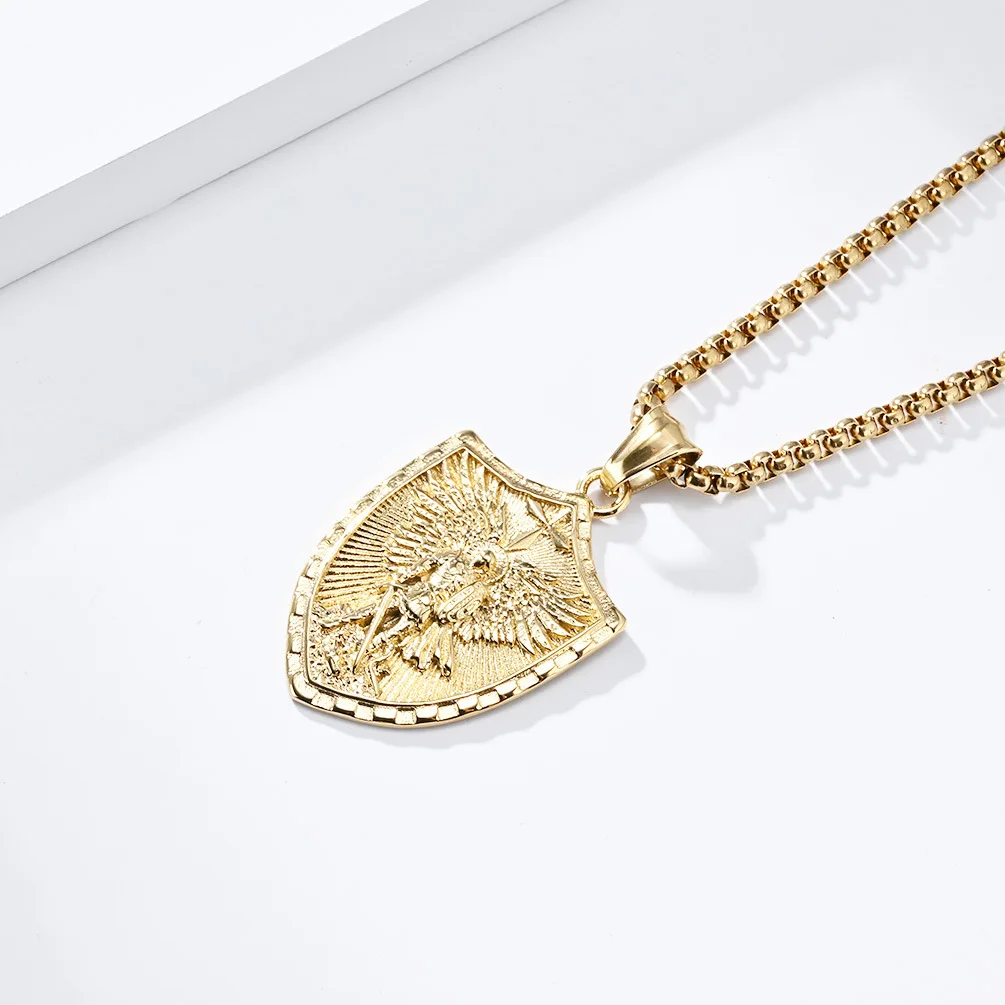 PSJ Fashion Jewelry Accessories Vintage Archangel Shield Pendant Titanium Stainless Steel Necklaces for Men