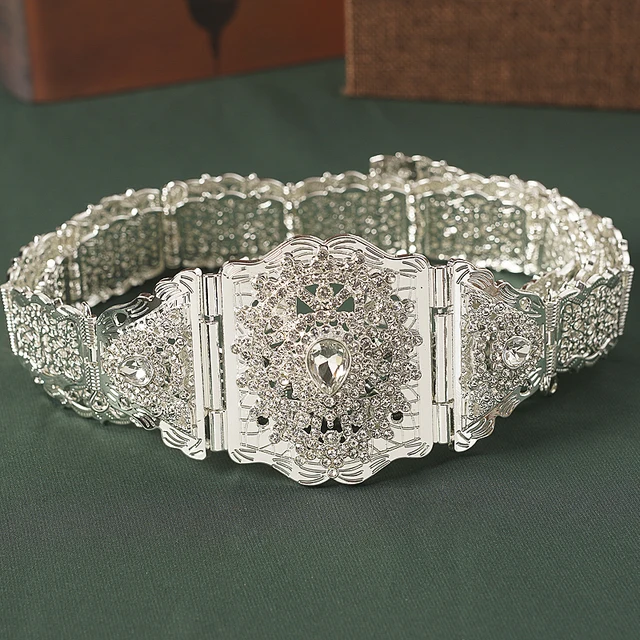 Moroccan Robe Wedding Belt Long Chain Belt Arabian Water Drop Shaped Rhinestone Waist Chain Bridal Jewelry Belt silver 1