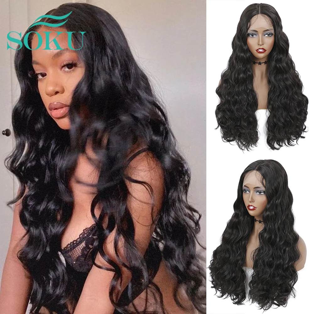 

Loose Wave Synthetic Wig Lace Front Middle Part Wig With Baby Hair Dark Brown Color Heat Resistant Hair For Black Women SOKU