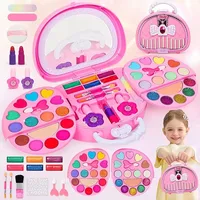 1set Colorful Girls' Pretend Makeup Toy Set - Pink and White Plastic Makeup Case with Mirror, Brushes, and Accessories.