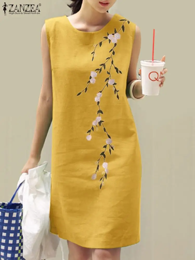 

2023 ZANZEA Summer Sleeveless Floral Embroidery Dress Women Bohemian Beach Sundress Vintage Solid Cotton Party Vestido Sarafans
