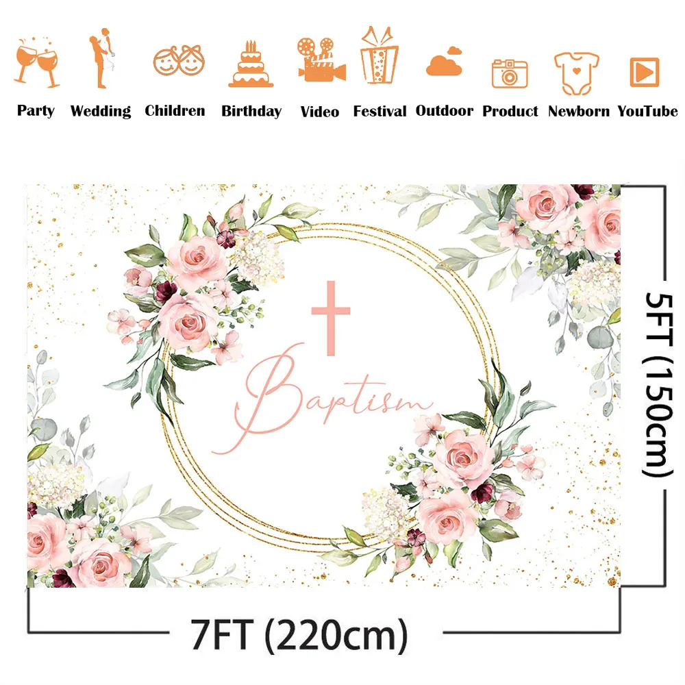 Baptism Baby Shower Backdrop for Girls God Bless Photo Background Pink Flowers Gold Glitter Shining Dots Photocall Backdrops photo backdrop