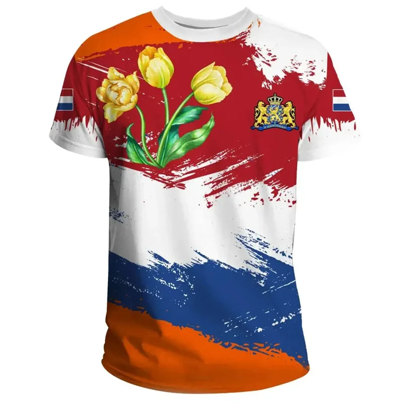 

Netherlands Flag National Emblem 3D Printed T Shirt For Men Classic Dutch National Flower Tulip Graphic T Shirts Sports Tee Tops