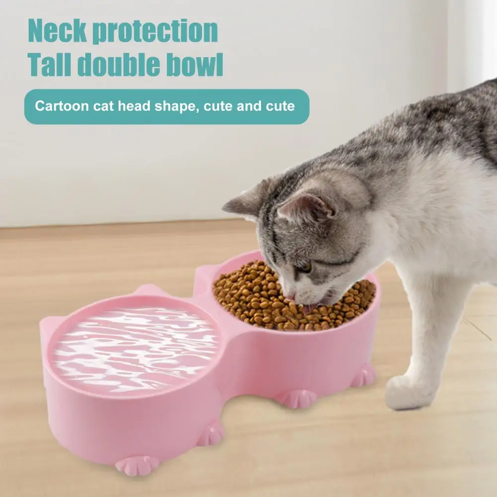 

Bump-resistant Pet Bowl Pet Bowl with Enlarged Bottom Design Cartoon Cat Head Shaped Pet Double Bowl Non-slip Neck for Cats