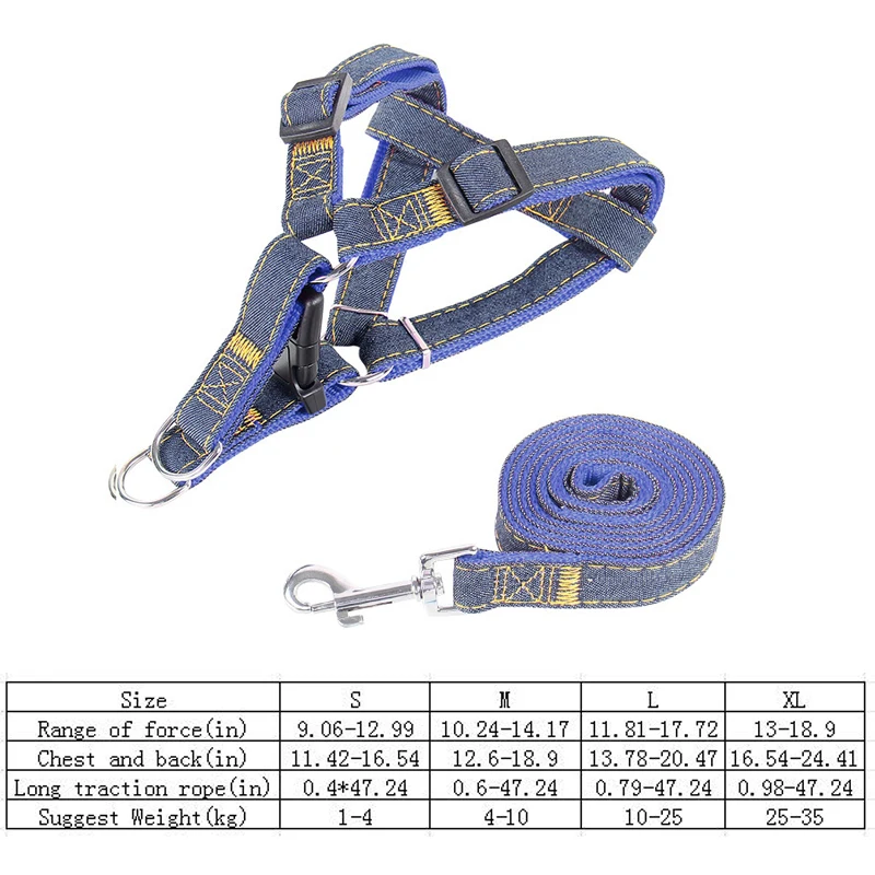 Durable Denim Dog Harness And Leash Vest Set For Pet Walking_voghion.com