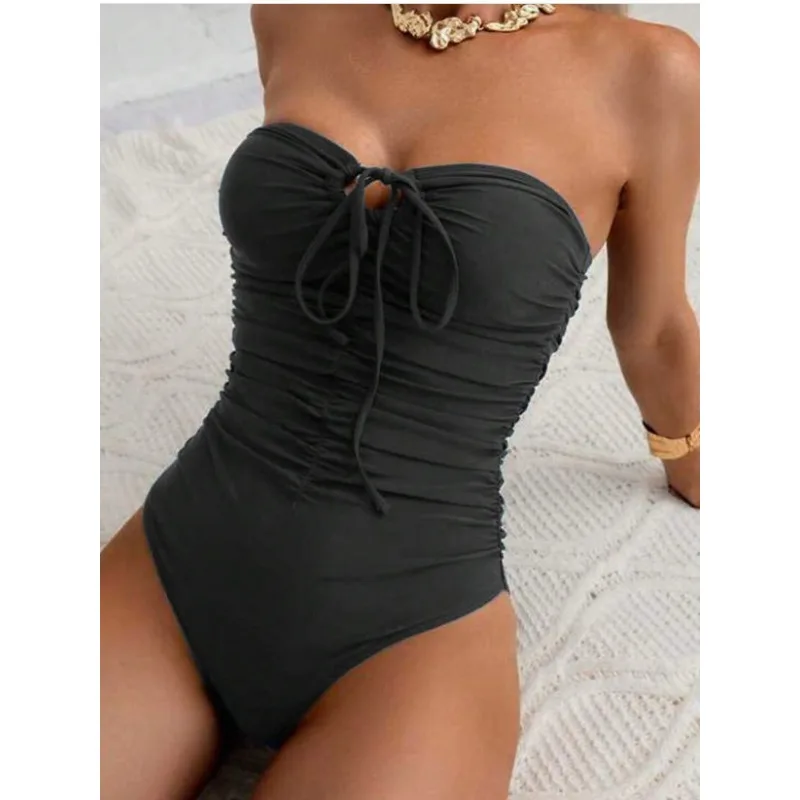 2025 Women's One Piece Swimsuit Strapless Bandeau Or Halter Bathing Suits Sexy Flattering Cover-Up Swimwear Female Beach Bikini 6