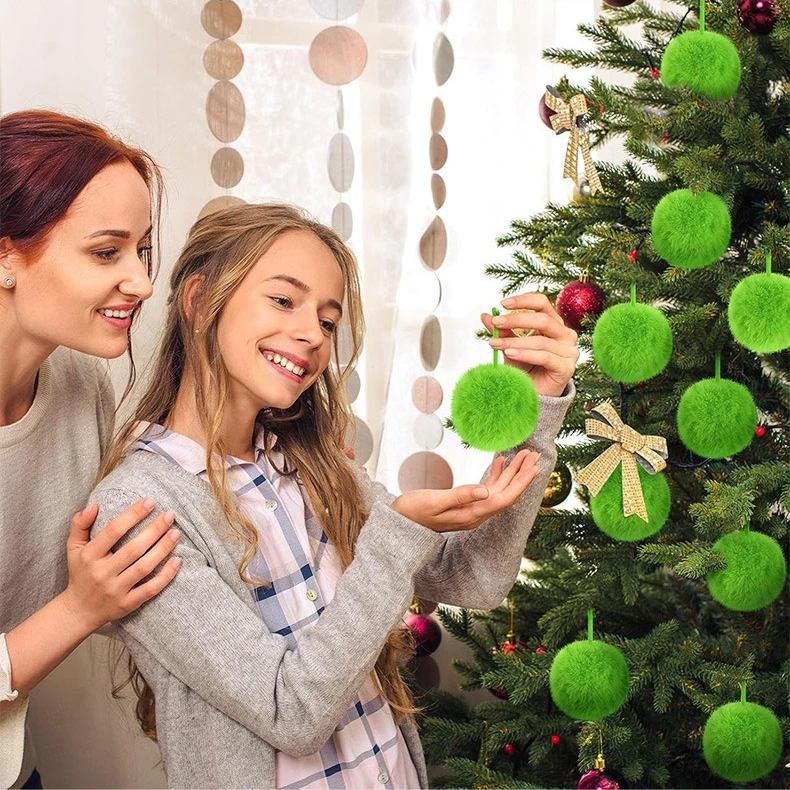20-3PCS Christmas Green Elf Balls Furry Pendant Christmas Tree Hanging Decor Soft Faux Fur Ball Xmas Party New Year Supplies