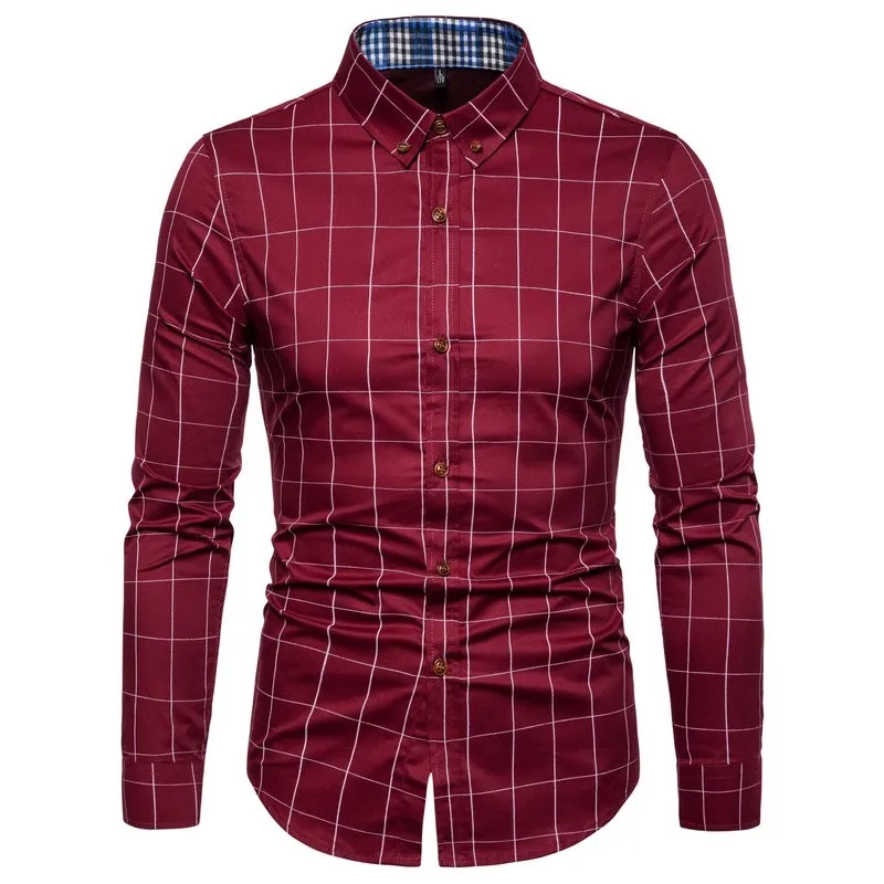 Men Shirt Plaid Print Long Sleeve Autumn Shirt Button Single-breasted Formal Top Mid Length Dress-up Men Business Shirt