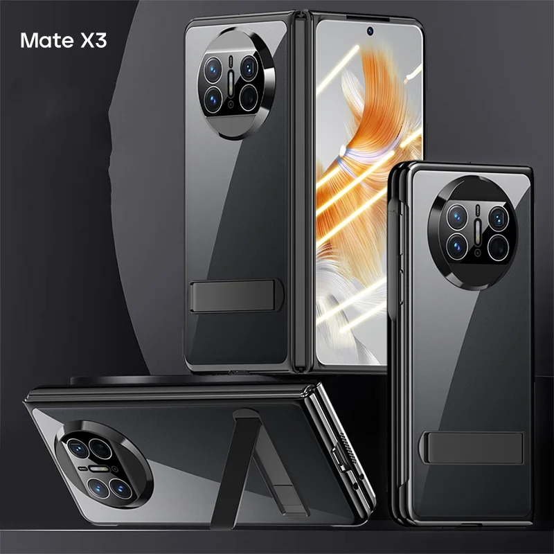 Electroplated Transparent Case for Huawei Mate X3 Ultra Thin Hybrid Hard Plastic Cover with Kickstand and Tempered Glass