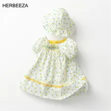 

Sweet Baby Girl Dress Square Neck Floral Printed children's Skirt Thin Puff Sleeve Princess Dress + Hat Baby Girl Clothes Set