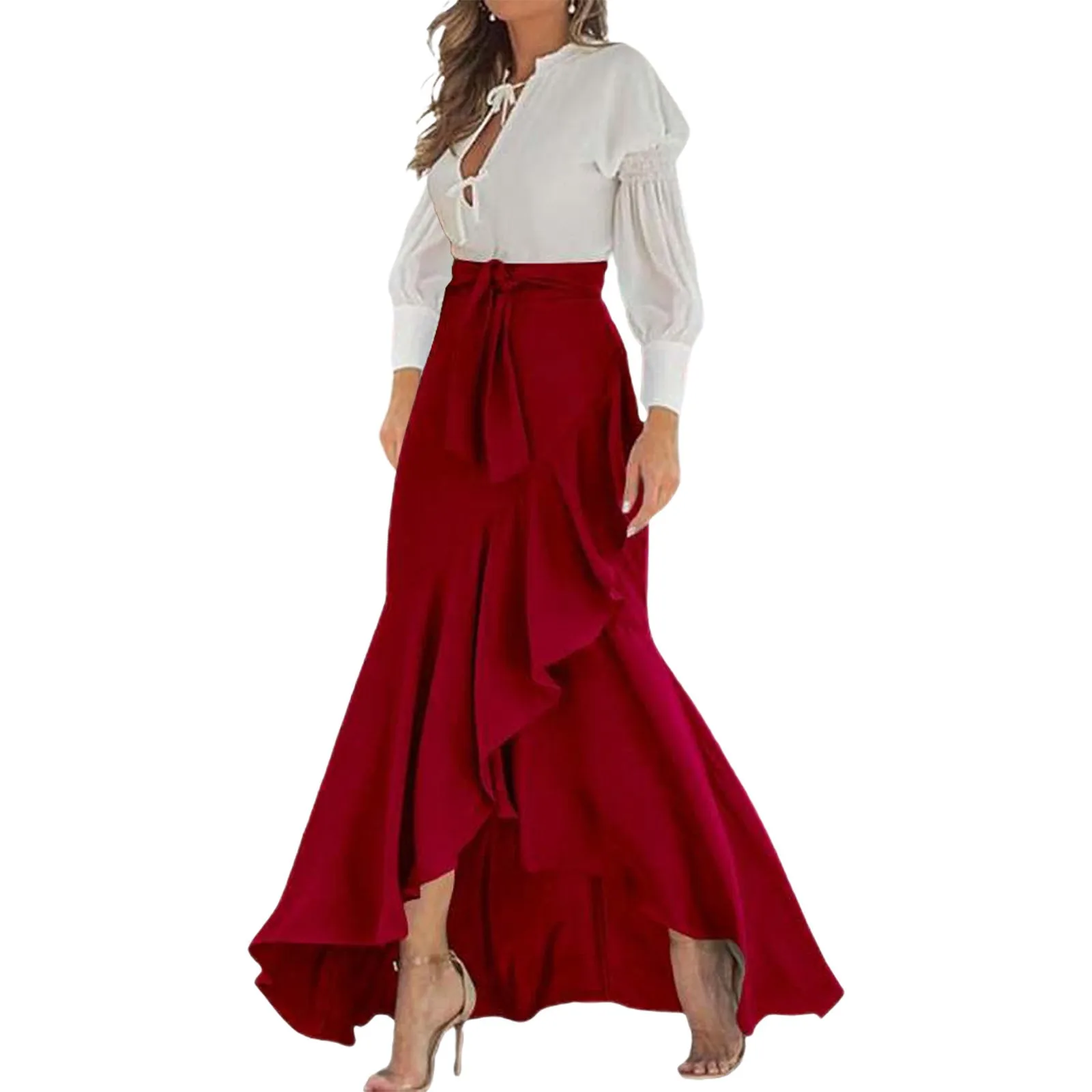 

Women High Waist Maxi Skirt High Low Irregular Hem Self-Tie Elastic Ruffle Long Skirt Ruffle Women Maxi Skirt Long Wear 2024