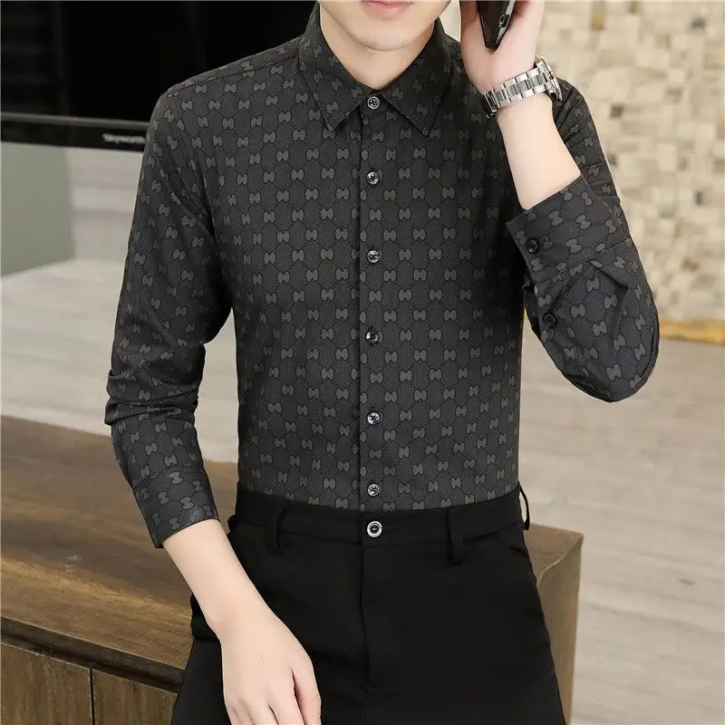 Spring and Autumn Men's Polo Collar Single Breasted Solid Cardigan Geometric Printed Long Sleeve Plaid Contrast Tee Shirt Tops