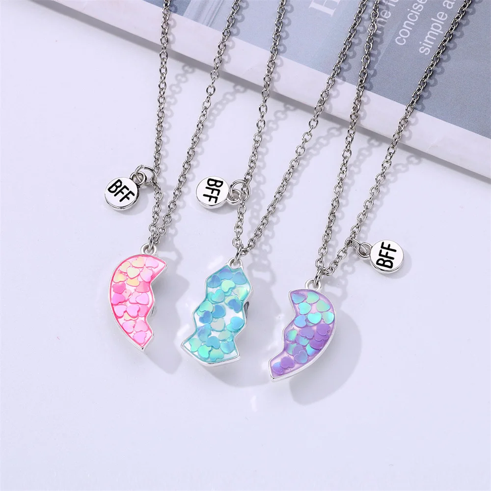 3pcs Stitching Heart Colorful Sequins Magnetic Pendant Necklace Stitching Fashion Simple Design Daily Casual Friendship Jewelry 2