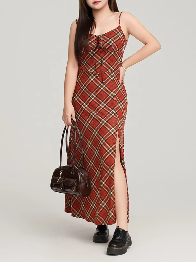 Spaghetti Strap Red Plaid Dress Plus Size 2025 Autumn Sexy Slim Premium Knit Women Long Dress with 56cm Slit