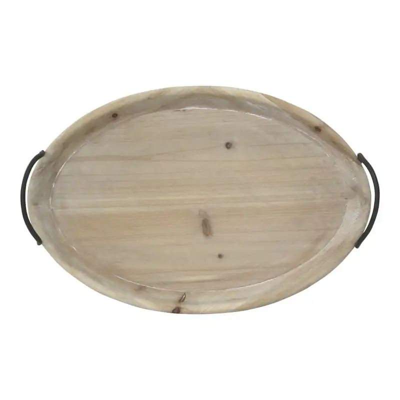 

x 12" Natural Wood Decorative Oval Tray with Metal Handles, Brown