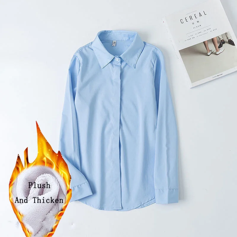 Thin/Plush and Thicken Autumn Winter Plus Size Women Clothing Office Lady Polo-Neck Long Sleeve Blouses Warm Loose Solid Shirt