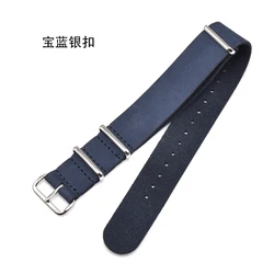 Genuine Leather Suede Vintage NATO Watch Strap - Blue, Brown, Yellow - 22mm (Blue Sliver clasp)