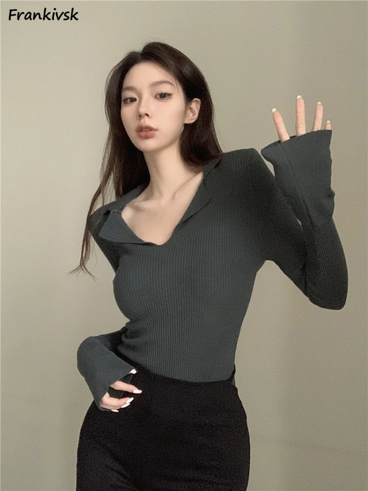

Cropped Sweaters Women Slim All-match Solid Trendy Stretchy Korean Style Knitwear Elegant Simple Leisure Long Sleeve Streetwear