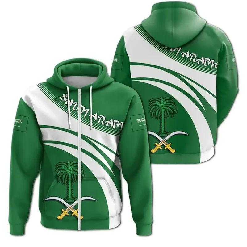 thumbnail image 1 of Sudadera con capucha y gráfico de la bandera de Arabia Saudita, sudadera con capucha y cremallera con emblema nacional de Arabia Saudita para hombres, ropa informal, suéteres deportivos para hombres, 1 of 4