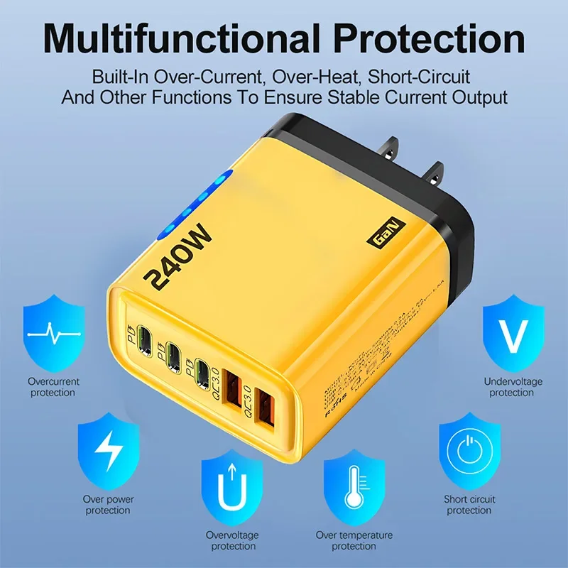 5-in-1 240W GaN Fast Charger with LED Light and Multi-Port USB-C & USB Charging Head