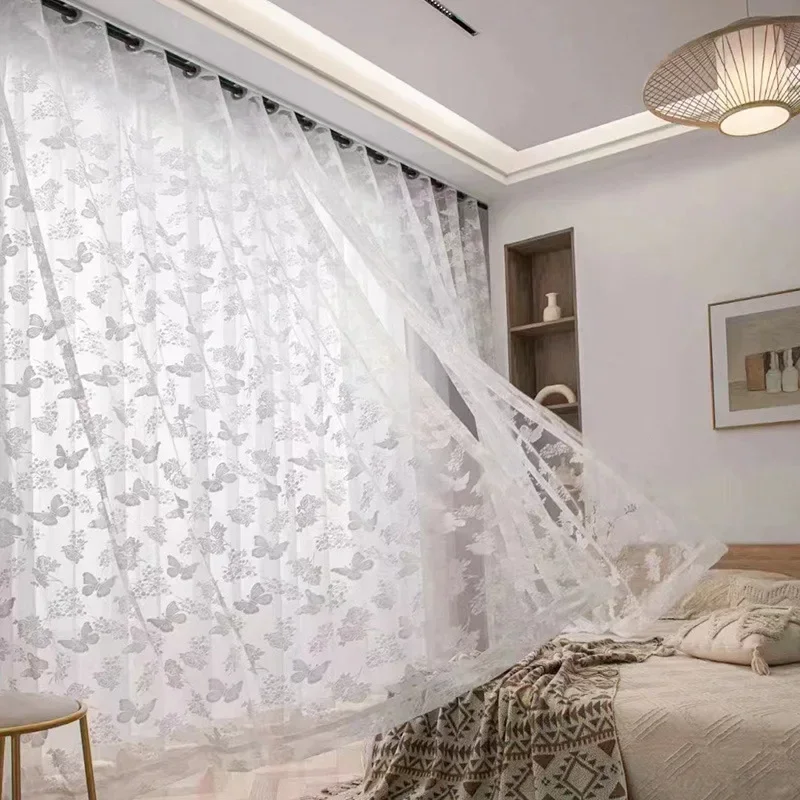 Sheer Curtains Embroidered White Tulle Door Screen for Living Room Bedroom Shutter Balcony Windows Lace Butterfly Partition Door