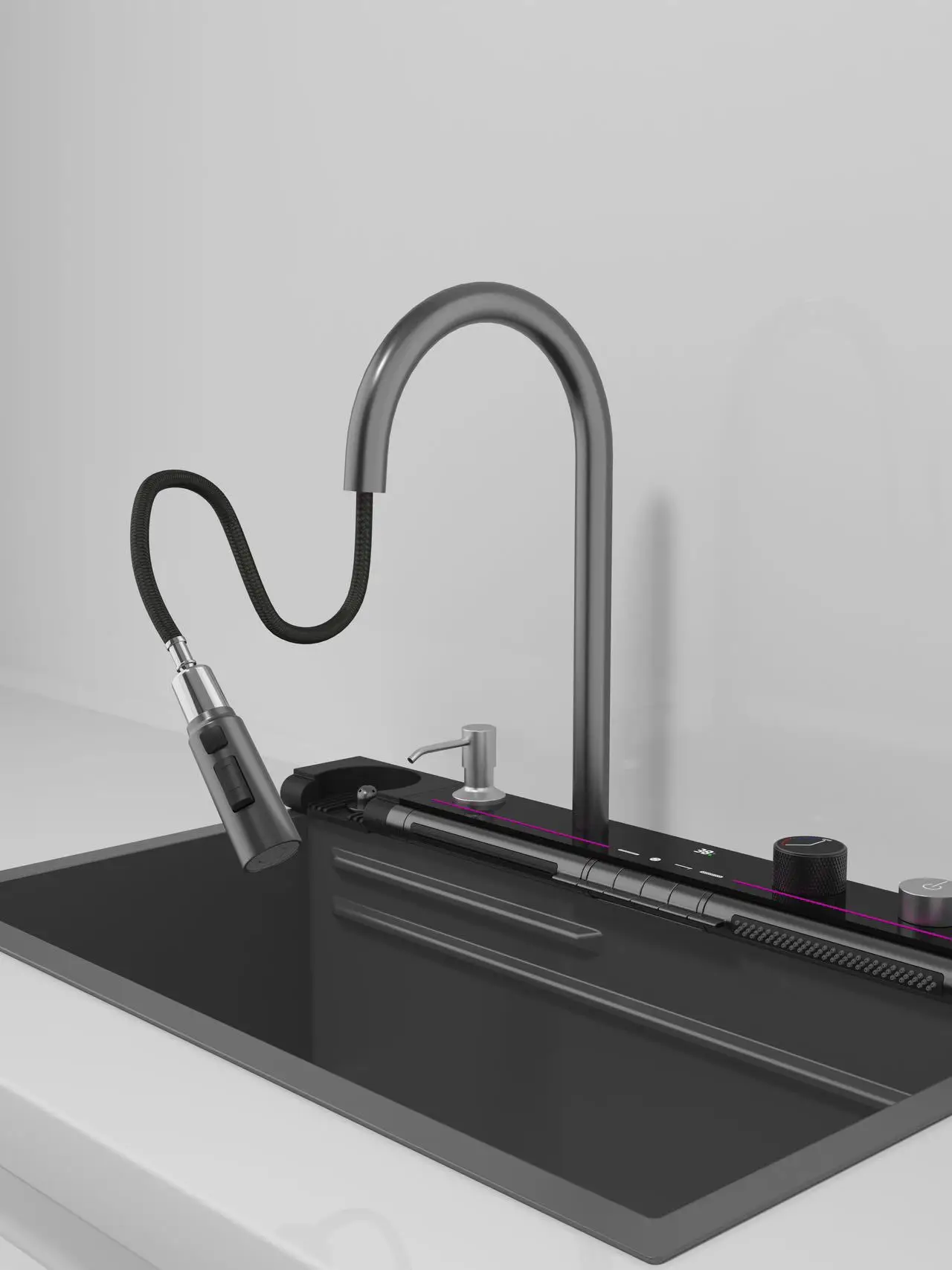 Description Picture 2 of itemStainless Steel Kitchen Waterfall Sink Embossed Digital Display Large Single Slot All-in-one Faucet Multi-functional Wash Bain