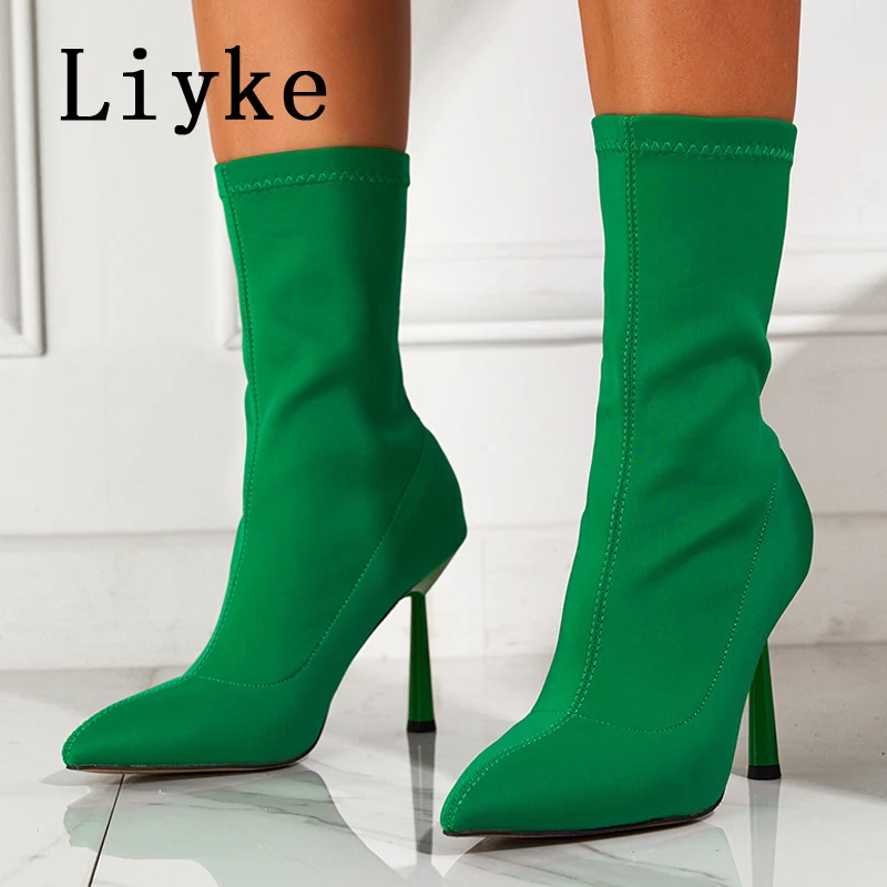 Liyke 2023 Autumn Green Stretch Fabric Ankle Boots Fashion Pointed Toe ...