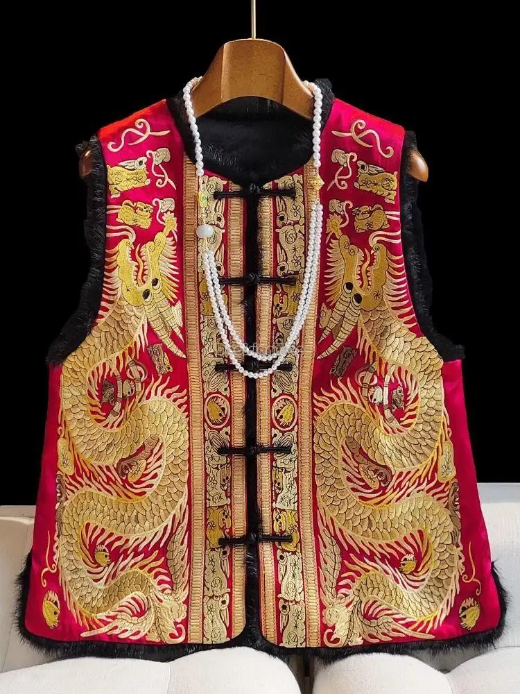 

2023 dragon embroidery national style waistcoat women winter improved new chinese retro disc buckle clip cotton thicked coat