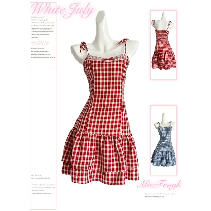 

Summer Sweet Vintage Y2k Plaid Mini Dress Women Slim Lace Floral Bow Splicing Sleeveless Dress Casual Beach Party Korean Fashion