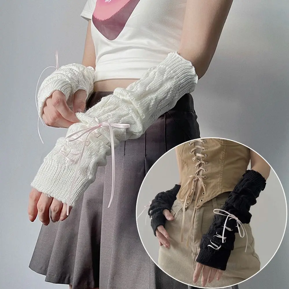 Fingerless Gloves Long Wrist Arm Warmers False Sleeves Knitted Half Finger Black White