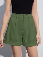 Olive drab Women's Oversized Woven Solid Color Casual Shorts Comfortable Loose Fit High Waist Knee-Length Summer Fashion Olive d - Image 3