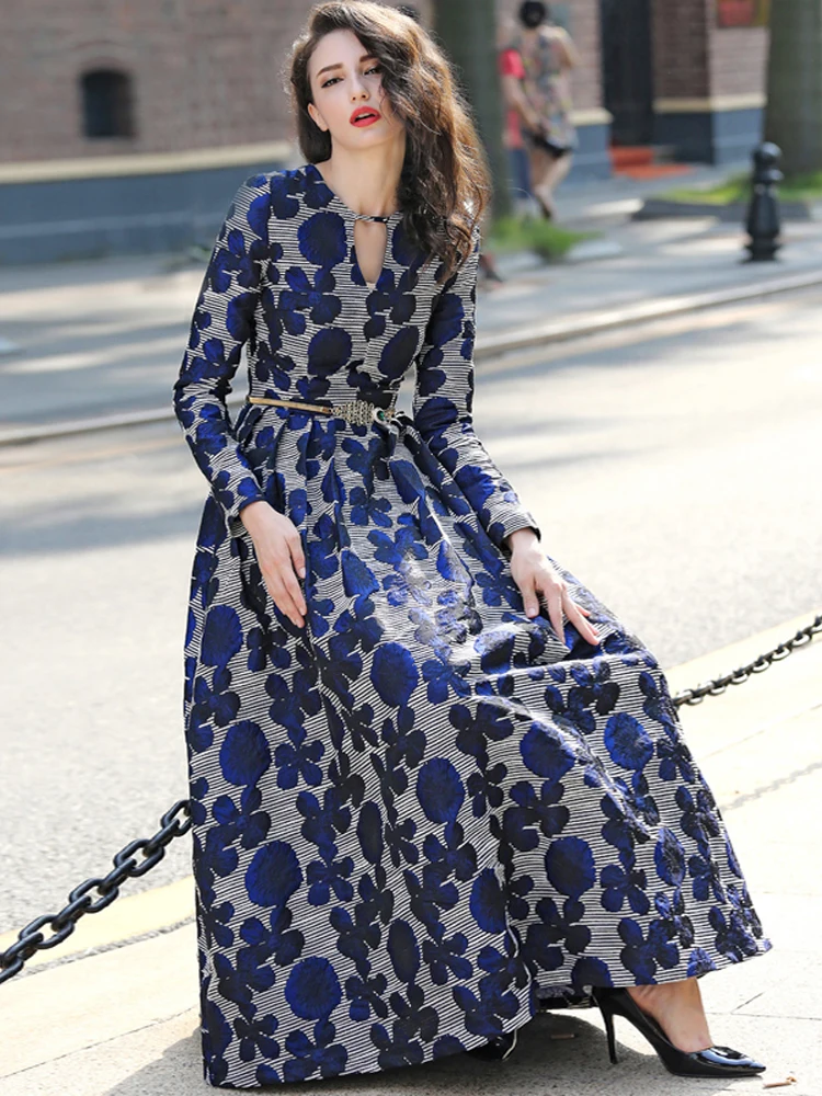 Good Quality Women Jacquard Long Sleeves Maxi Dress Boho Stripe Floral