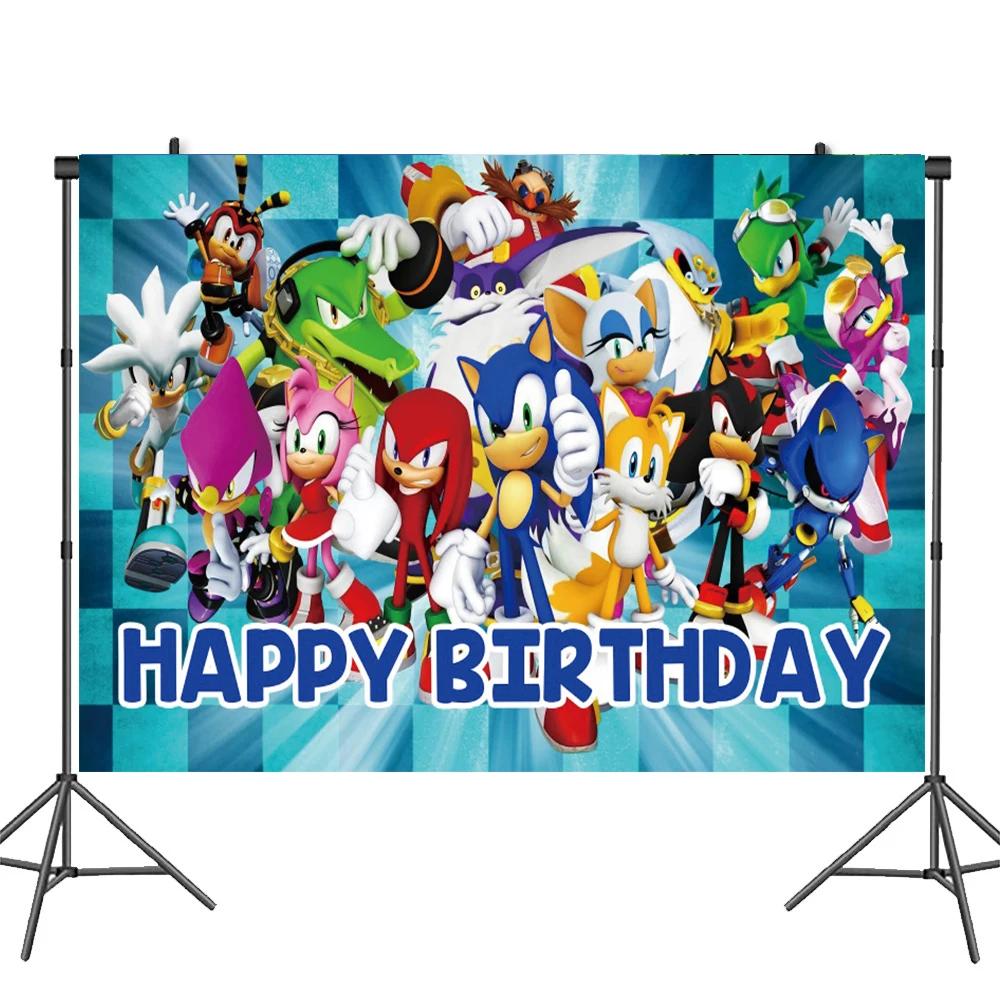 thumbnail image 1 of Fondo fotográfico personalizado con nombre y años de Sonic the Hedgehog, decoración para fiesta de cumpleaños, vinilo, tela de poliéster, pancarta de tela, 1 of 5