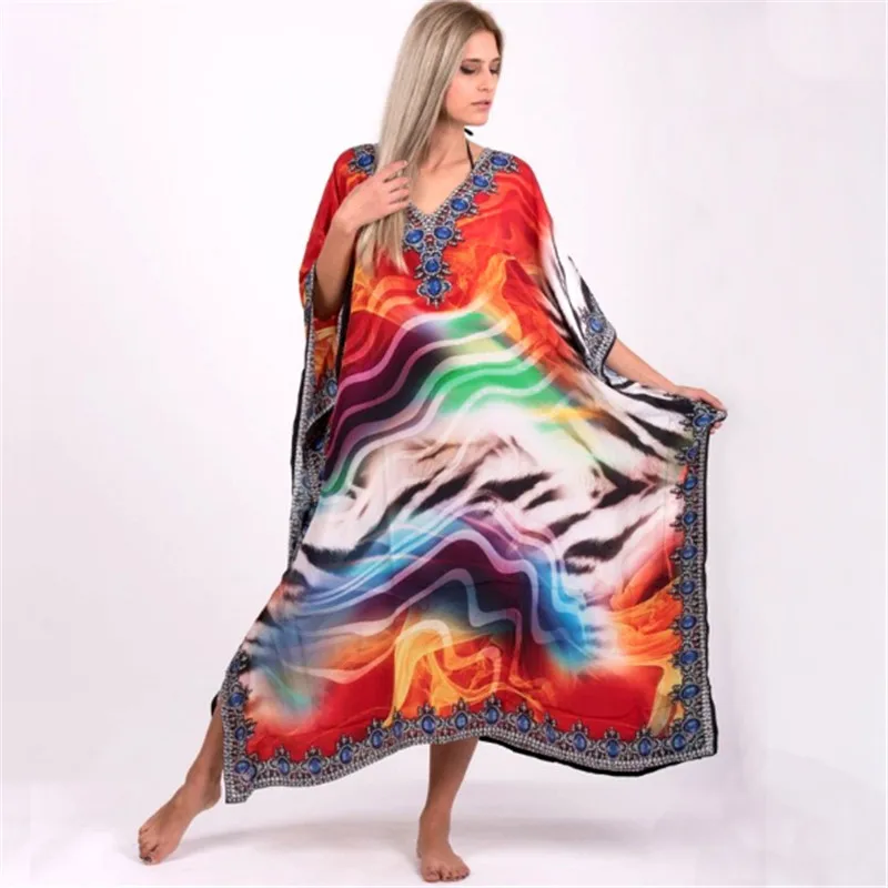 

Casual V-neck Summer Maxi Dress Positioning printed robe style beach skirt vacation long skirt sun protection shirt bikini cover