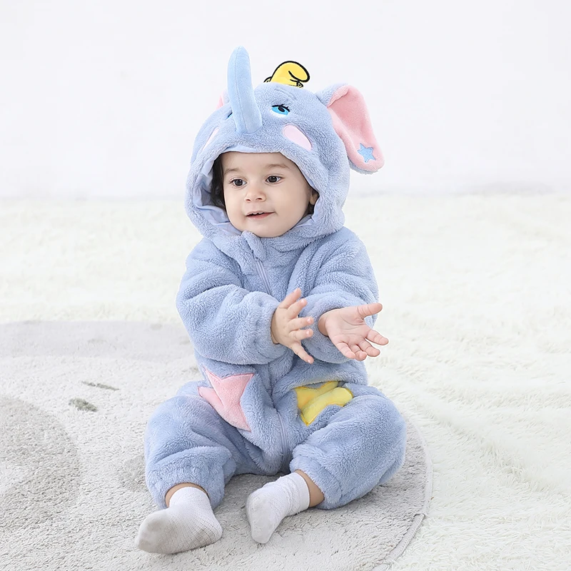 Kigurumis Lovely Elephant Vestiti per neonati Body in flanella invernale Ragazzi Ragazze Pagliaccetto Caldo costume cosplay Vestito con cappuccio - immagine 2