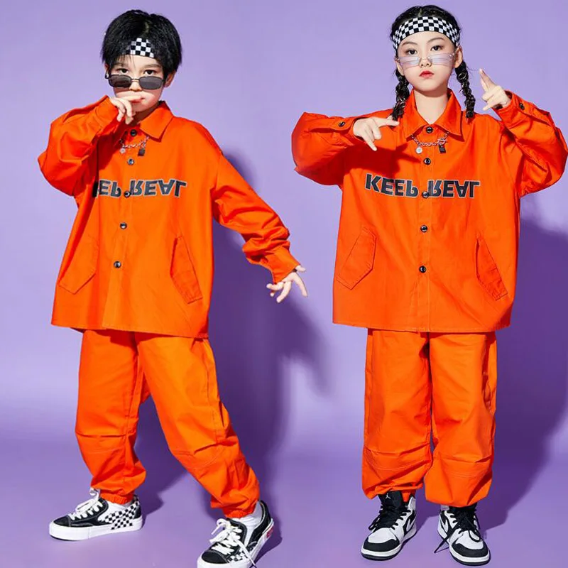 

Kids Kpop Outfits Street Wear Clothing Boys Girls Orange Oversize Shirt Cargo Hip Hop Pants For Kids Jazz Dance Costume Clothes
