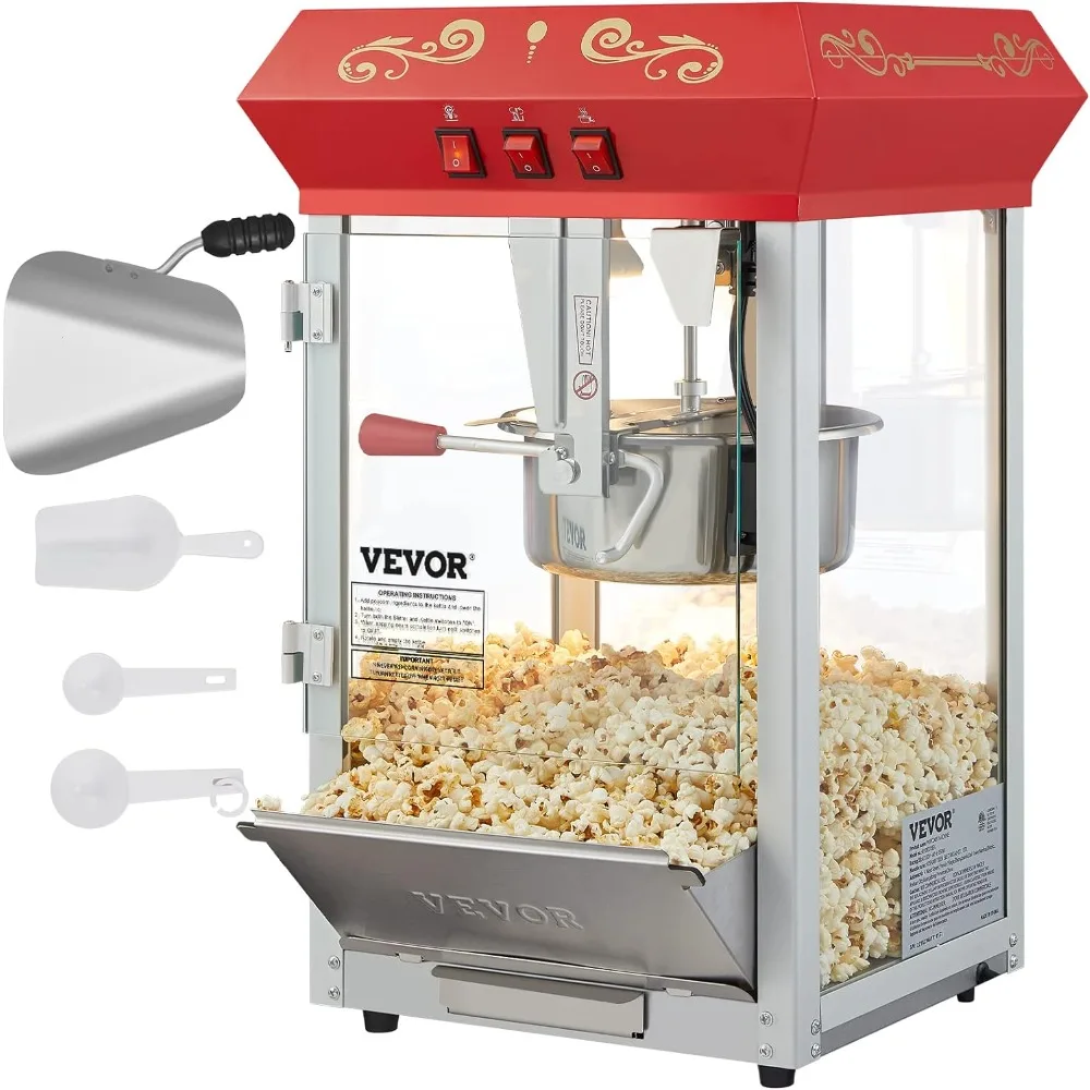 Commercial Popcorn Machine, 8 Oz Kettle, 850 W Countertop Popcorn Maker for 48 Cups per Batch, Theater Style Popper