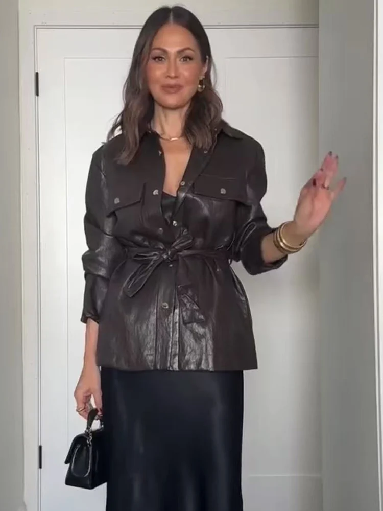 Vintage Women Pu Faux Leather Jacket With Belt Street Fashion Turn Down Collar Long Sleeve Pockets Coat Autumn Ladies Outerwear